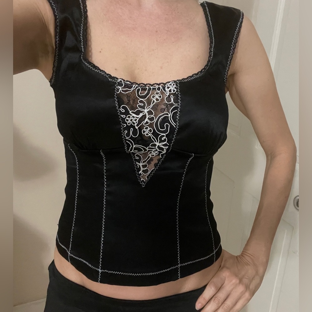 Y2K Satin cache bustier black with white black lace detail